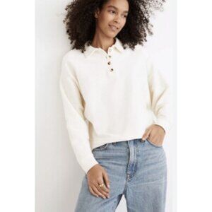 Madewell Women’s Top XXS Ottoman Jacquard Polo Shirt Ivory Long Sleeve